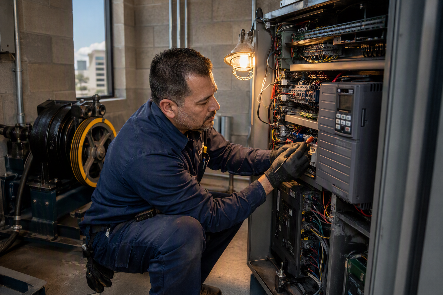 Licensed elevator technician servicing a traction elevator controller in a machine room during an emergency repair to return a failed elevator to service in Dallas Texas
