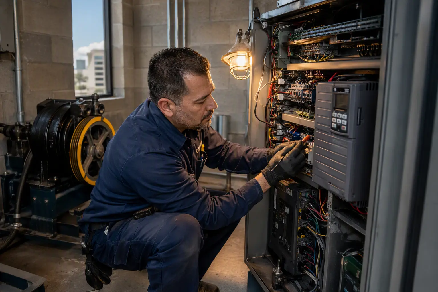 Licensed elevator technician servicing a traction elevator controller in a machine room during an emergency repair to return a failed elevator to service in Dallas Texas