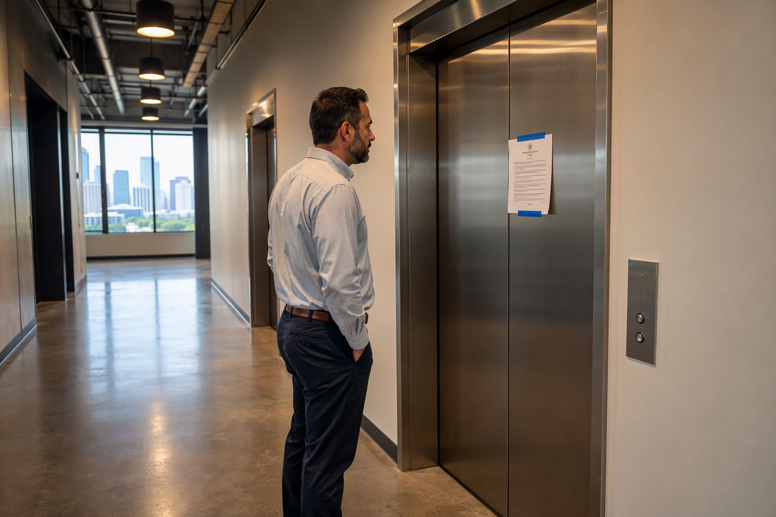 Building manager reading an elevator out-of-service violation notice posted on stainless steel elevator doors in a Houston Texas commercial building after a failed inspection