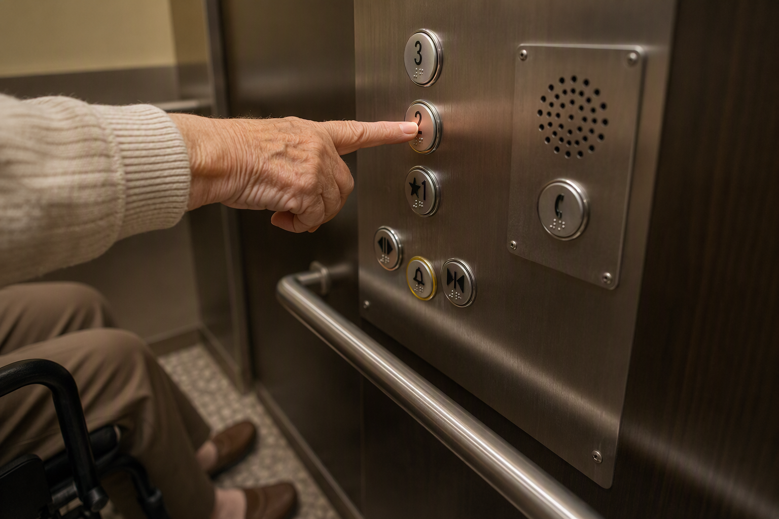 Close-up of ADA-compliant elevator control panel with Braille tactile buttons and two-way emergency communication system inside a senior living facility elevator