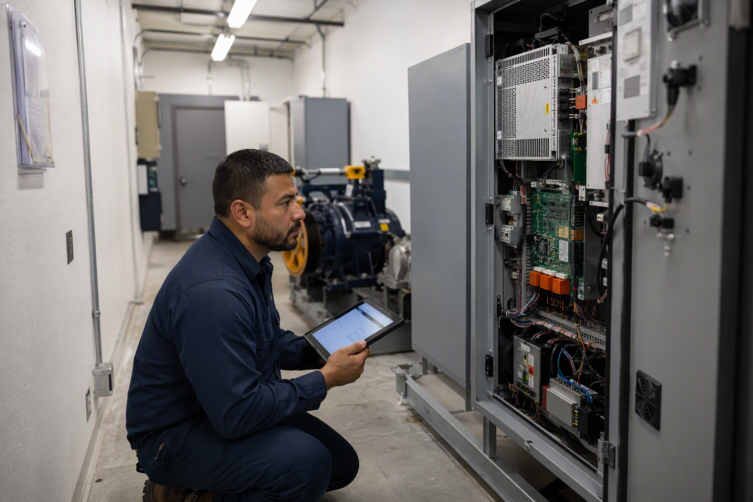 Elevator technician inspecting a modern controller in a machine room during a senior living facility elevator installation compliance check in Texas
