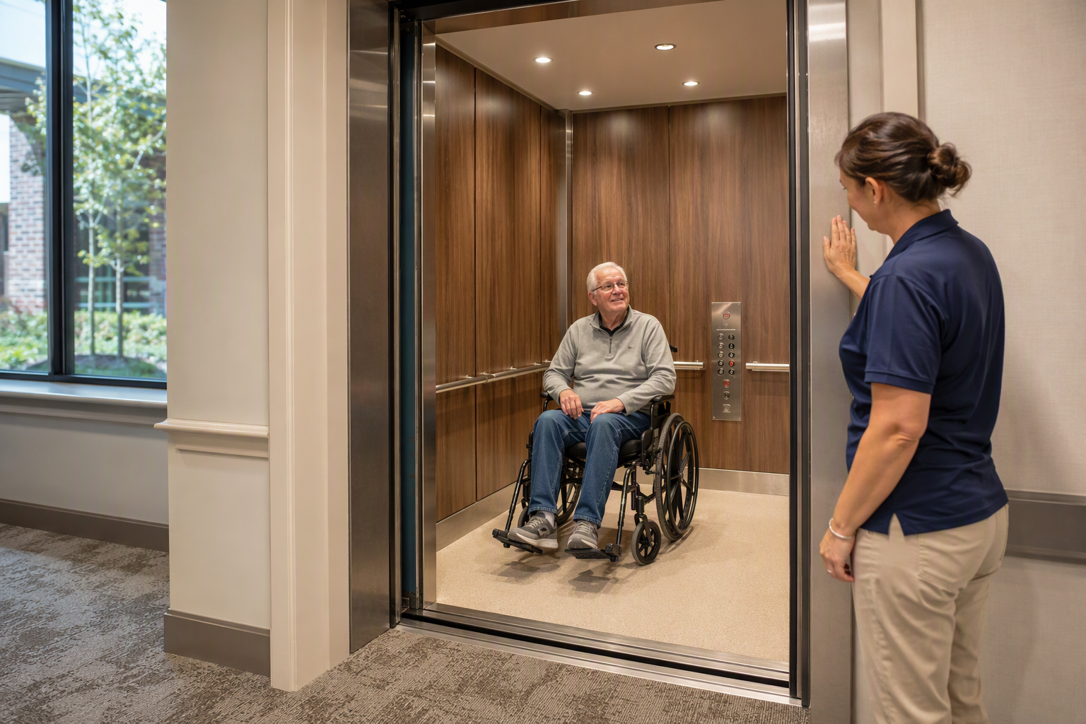 Wide ADA-compliant elevator cab in a senior living facility showing three-wall handrails, low-mounted controls, and wheelchair-accessible door opening for assisted living use