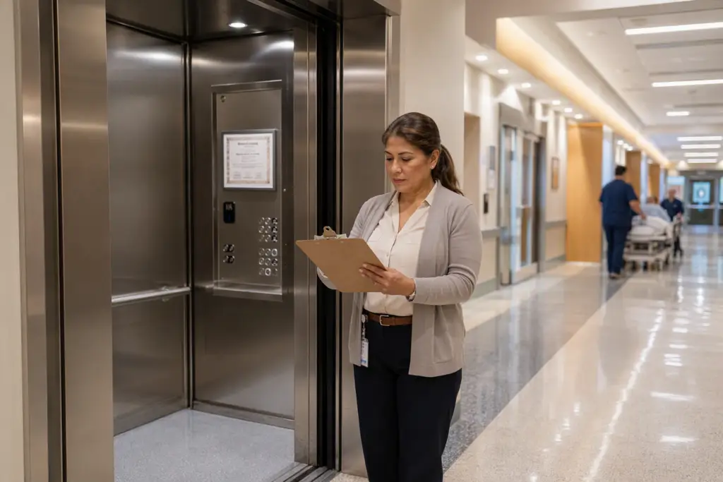 Hospital elevator bank in San Antonio Texas with Certificate of Compliance posted inside cab, facility manager reviewing inspection documents in healthcare corridor