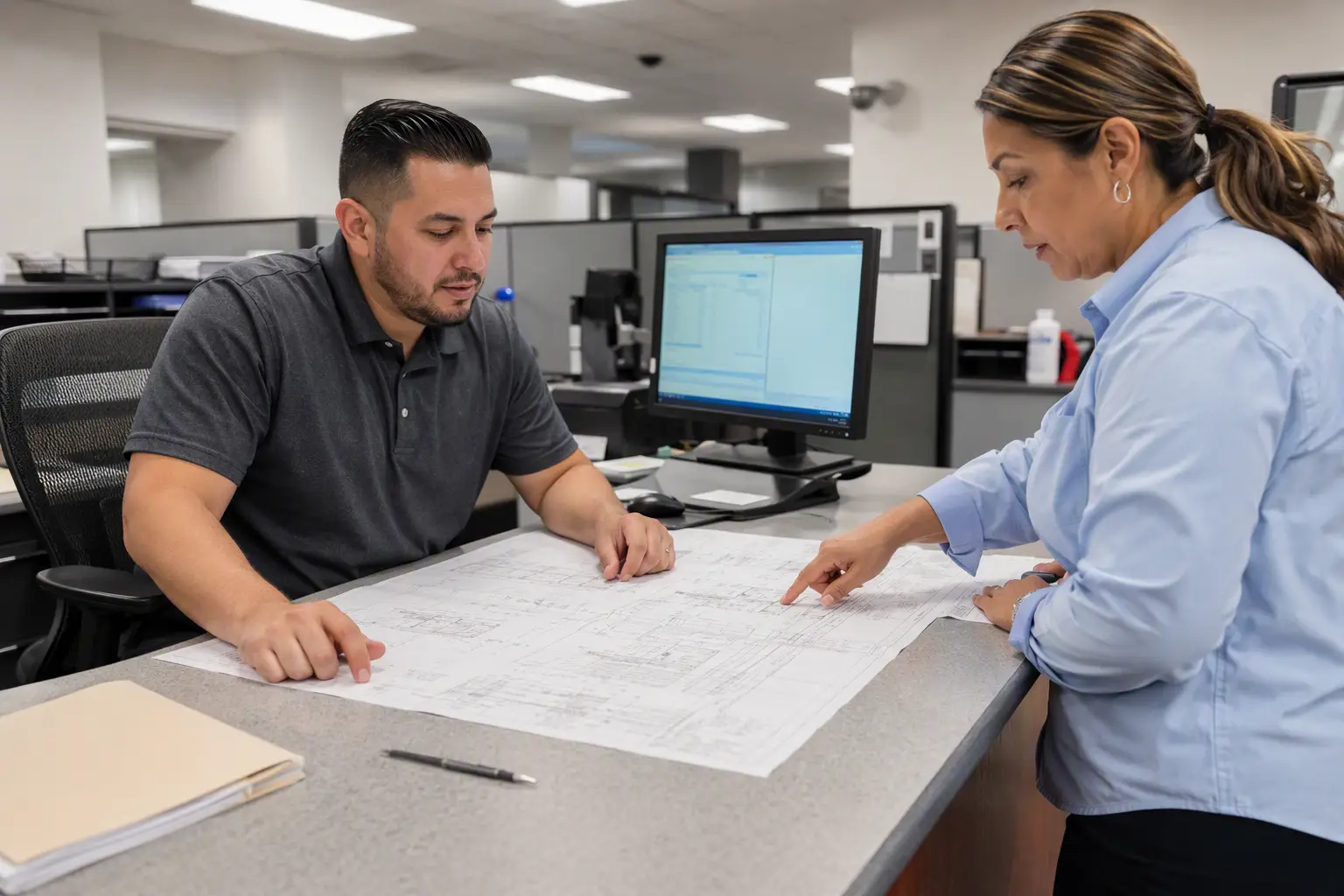 Elevator contractor submitting permit application and engineering drawings at San Antonio Development Services Department for healthcare facility elevator modernization