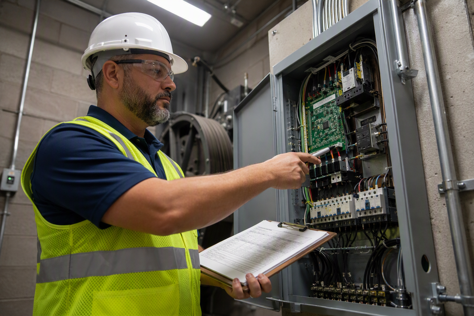 TDI-licensed elevator inspector reviewing controller equipment in Houston Texas machine room during annual ASME A17.3 compliance inspection