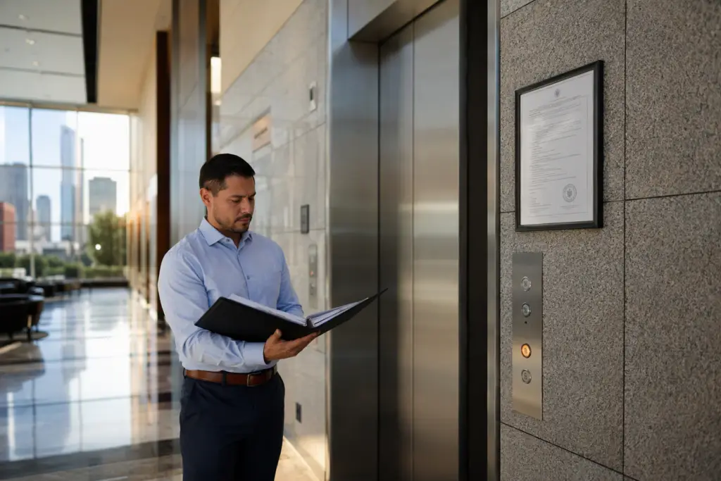 Houston TX commercial building lobby showing elevator Certificate of Operation on wall and building manager reviewing inspection compliance documents