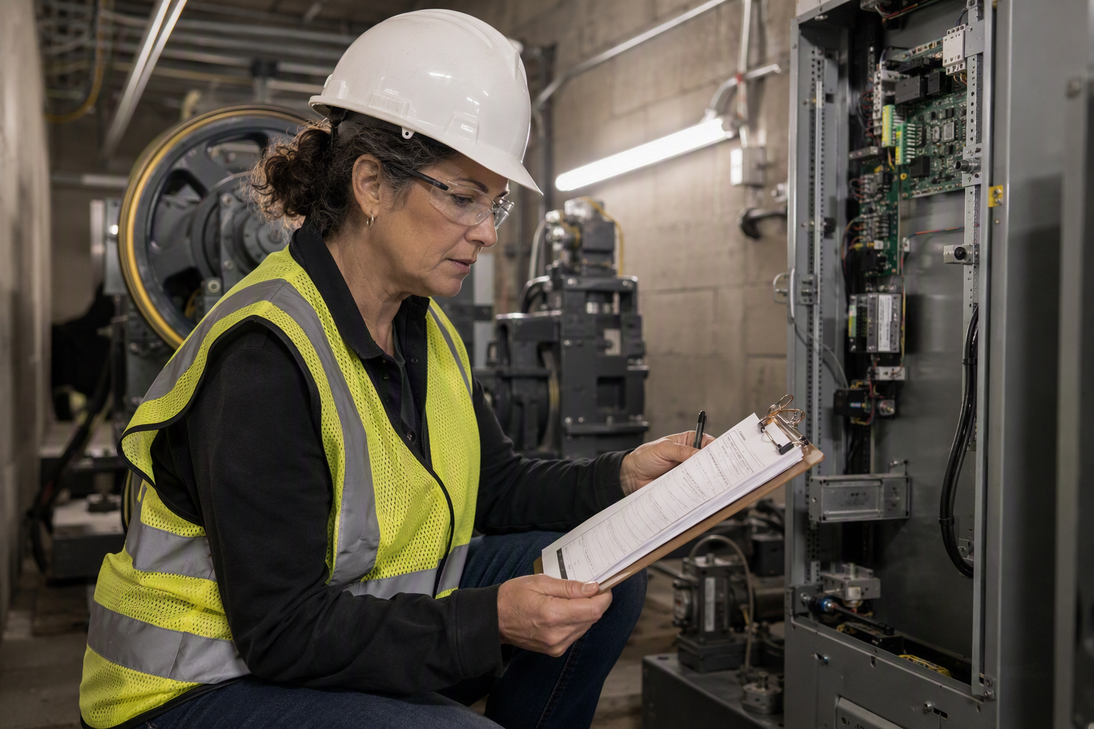 Cal/OSHA authorized elevator inspector reviewing compliance checklist in a Los Angeles traction elevator machine room during a required annual inspection.