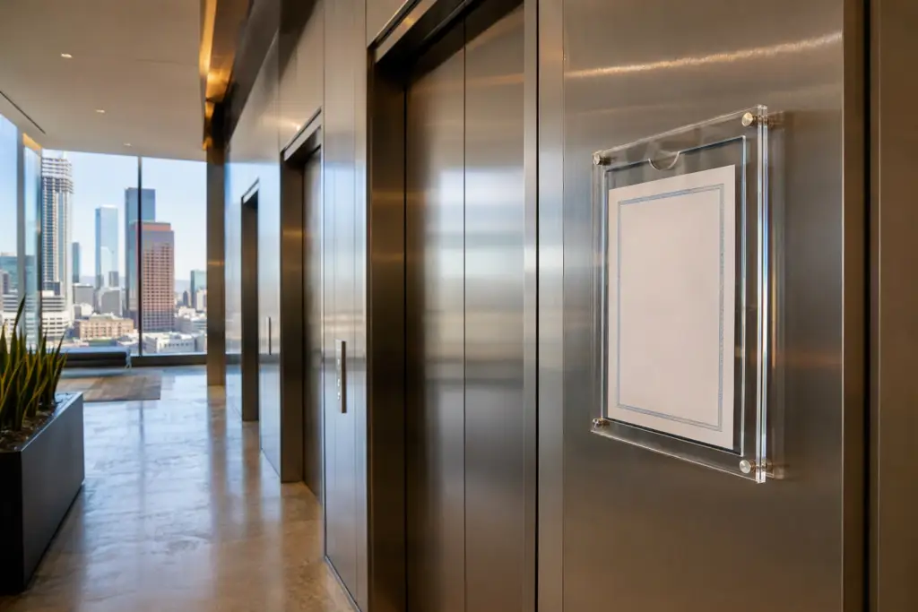 Los Angeles high-rise elevator bank with Cal/OSHA compliance certificate posted on the cab door frame, illustrating annual elevator inspection requirements in California.