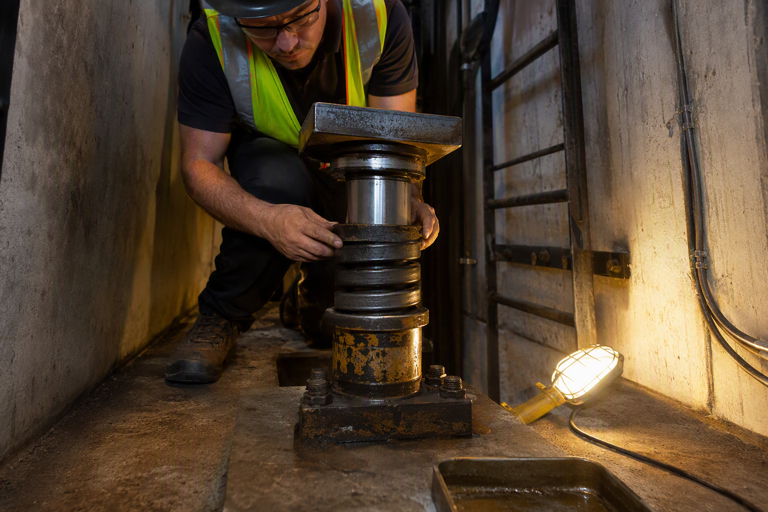 Elevator mechanic inspecting a hydraulic buffer in a Los Angeles elevator pit during a mandatory Category 5 five-year safety test required under California ASME A17.1 code.
