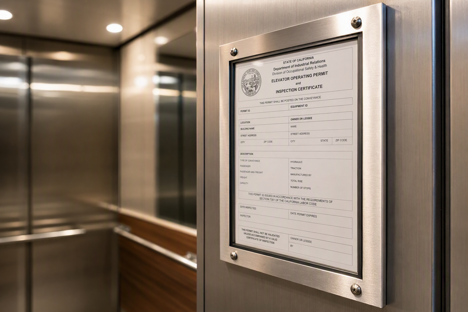 California DIR elevator operating permit displayed inside a San Diego elevator cab, showing the state permit compliance required for legally operating conveyances under Cal/OSHA regulations.