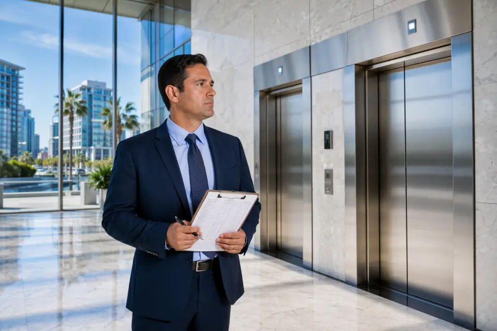 Certified elevator inspector reviewing inspection checklist in a San Diego commercial office building lobby, fulfilling California Cal/OSHA elevator inspection requirements.