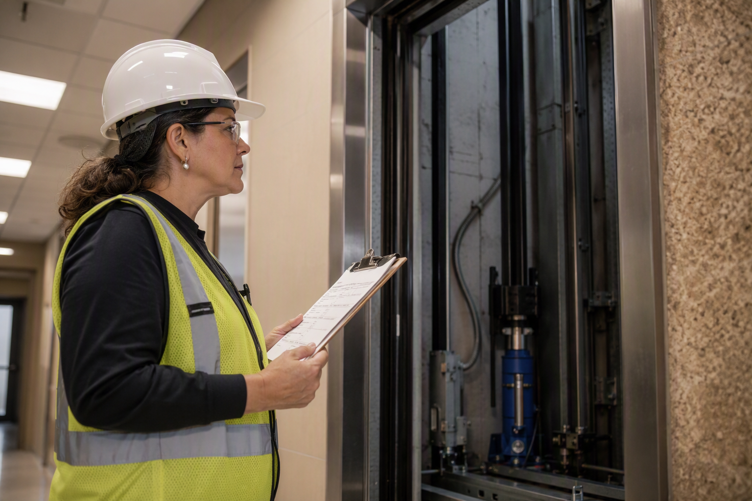 Licensed elevator inspector reviewing a safety inspection checklist beside an open hoistway in a Texas commercial building, required under the Texas Elevator Safety Act for Certificate of Occupancy re