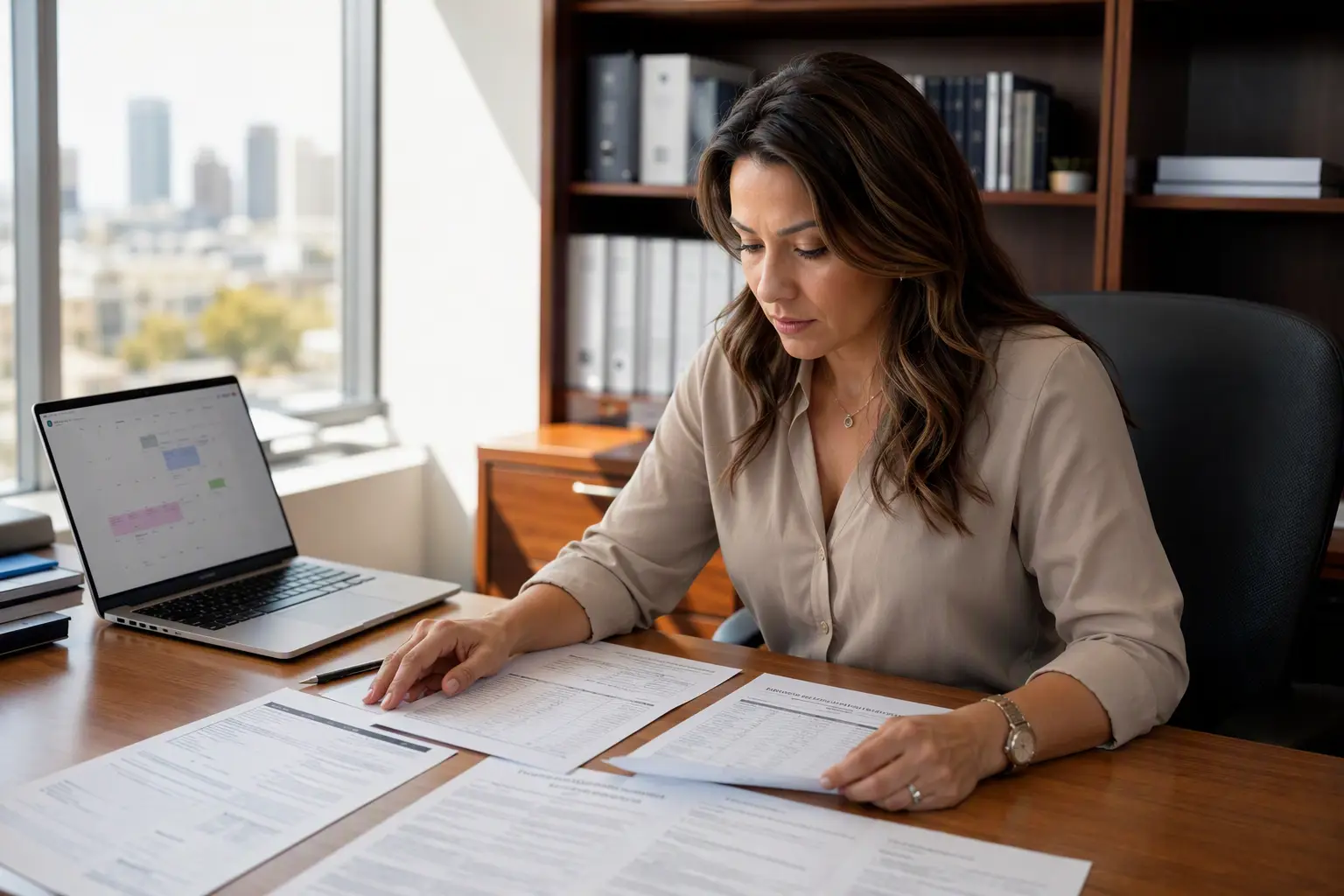Building manager in Los Angeles reviewing Cal/OSHA elevator inspection reports and Certificate of Occupancy renewal documents at her office desk in California.