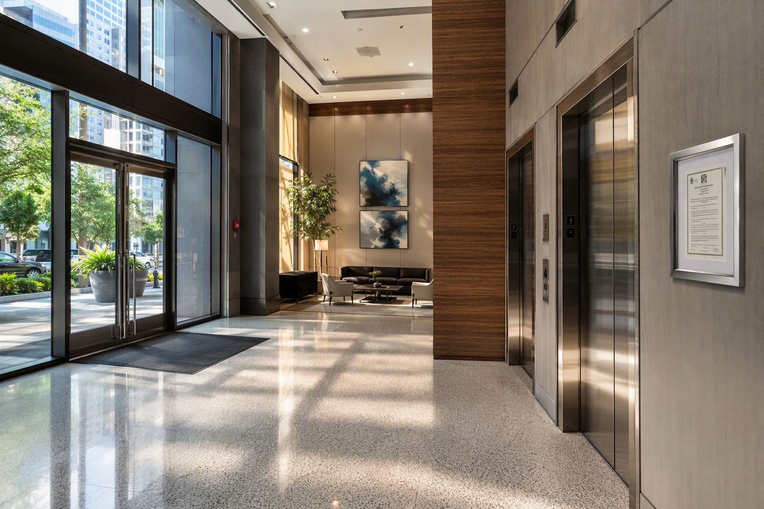 Commercial building lobby in Houston TX showing stainless-steel elevator doors and a Certificate of Inspection posted on the wall beside the cab, as required for CO renewal in Texas.