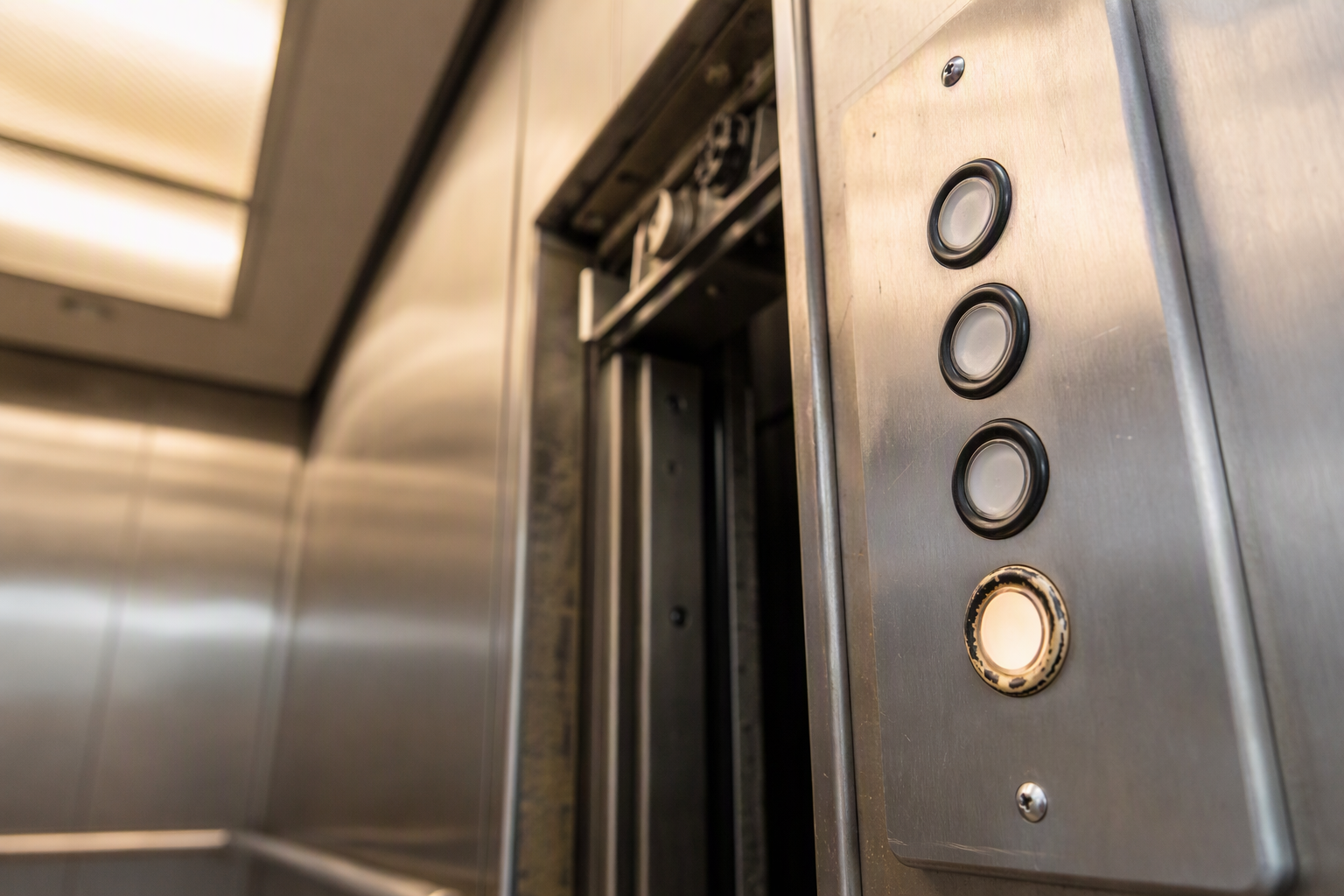Elevator Cab Components and Contract Coverage Close-up of commercial elevator cab control panel and door operator showing wear items covered under full-maintenance versus comprehensive elevator contracts