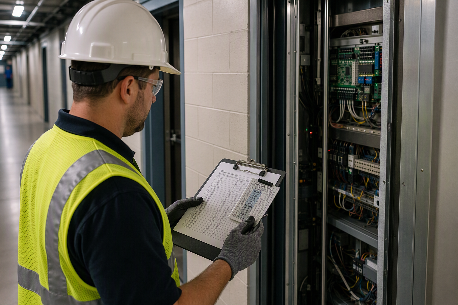 ASME A17.1 Compliance Inspection and Contract Requirements Licensed elevator inspector reviewing ASME A17.1 compliance documentation beside a controller cabinet in a Dallas commercial building corridor