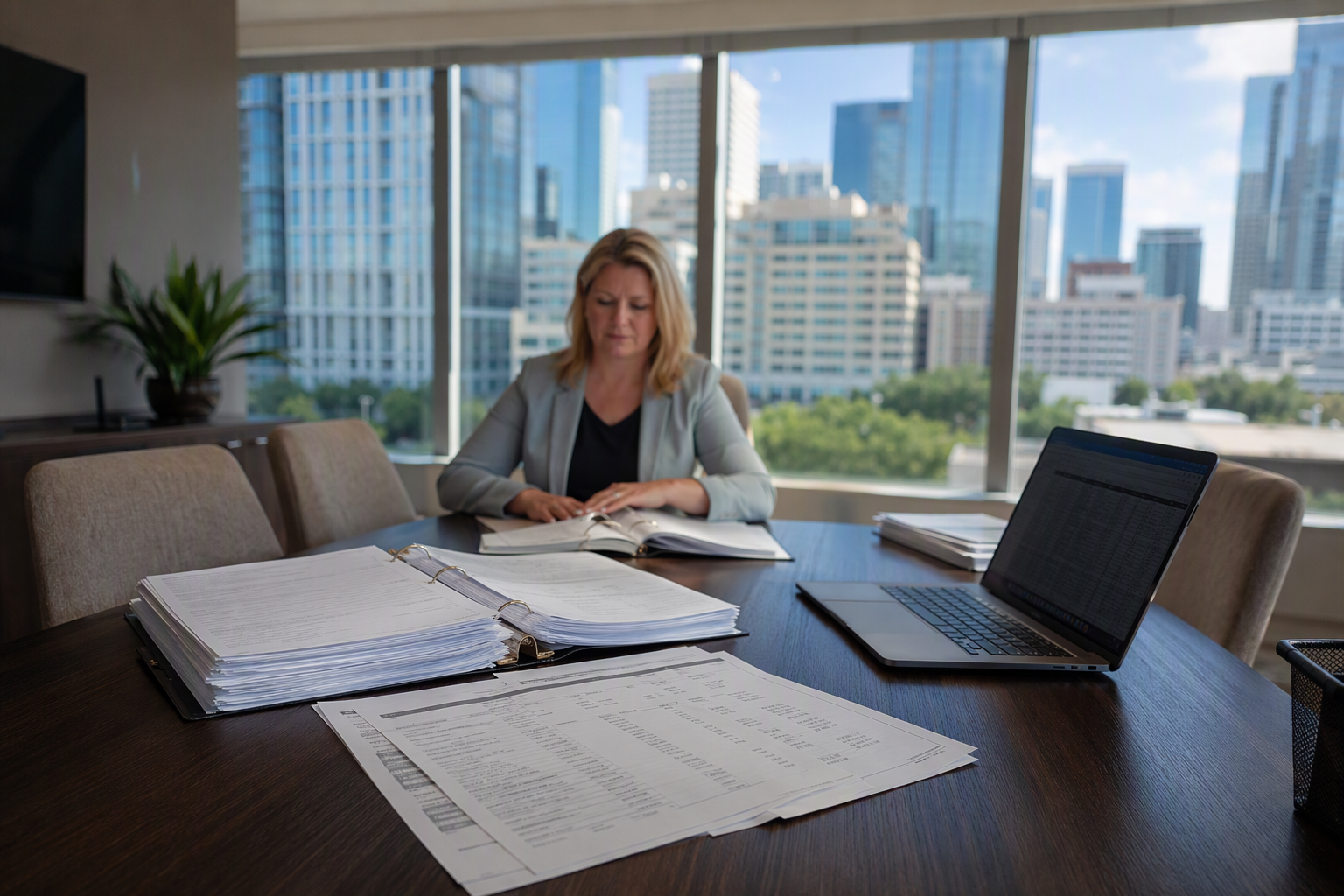 Reviewing Elevator Contract Renewal Terms Building manager reviewing elevator maintenance contract renewal documents and competing bids at a Houston commercial property office desk