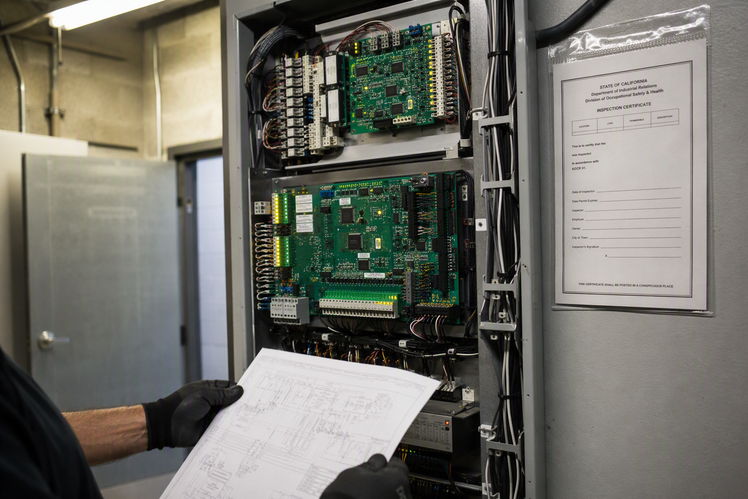 Newly installed elevator controller in a Los Angeles California machine room with a Cal/OSHA inspection certificate mounted on the wall during modernization