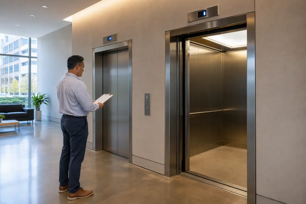 Building manager reviewing ADA compliance checklist in a Houston office building elevator lobby during an elevator modernization project in Texas