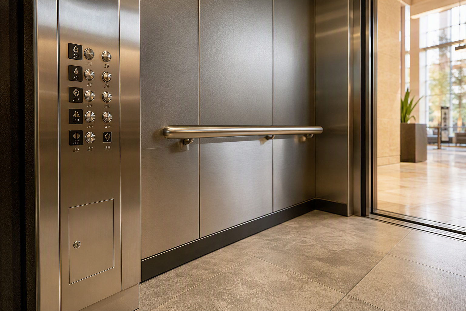 ADA-compliant elevator cab interior in a San Antonio Texas building showing Braille control panel buttons and rear handrail required during elevator modernization