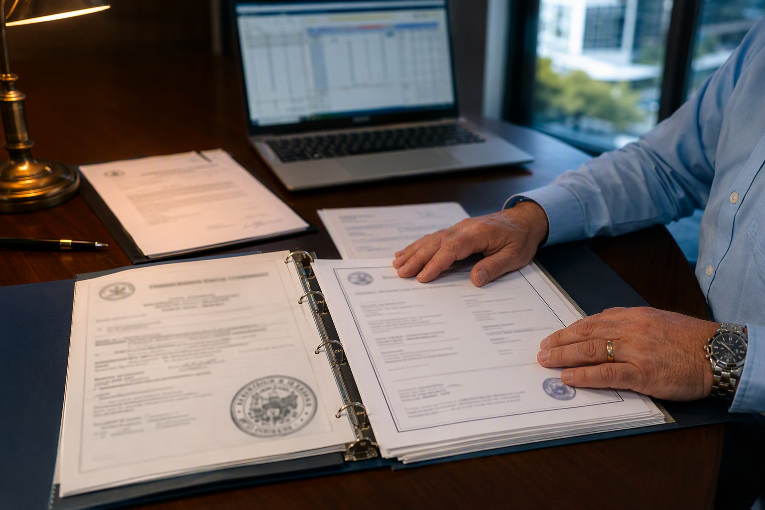 Houston building manager reviewing elevator modernization permit records and insurance documentation at office desk to support lower property insurance premiums