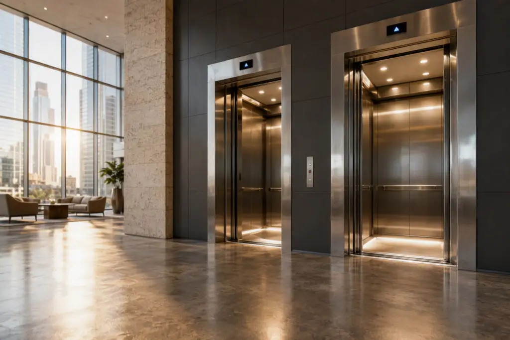 Modernized elevator bank in Houston TX commercial office building lobby showing new stainless steel cab interiors and LED indicators after elevator modernization project