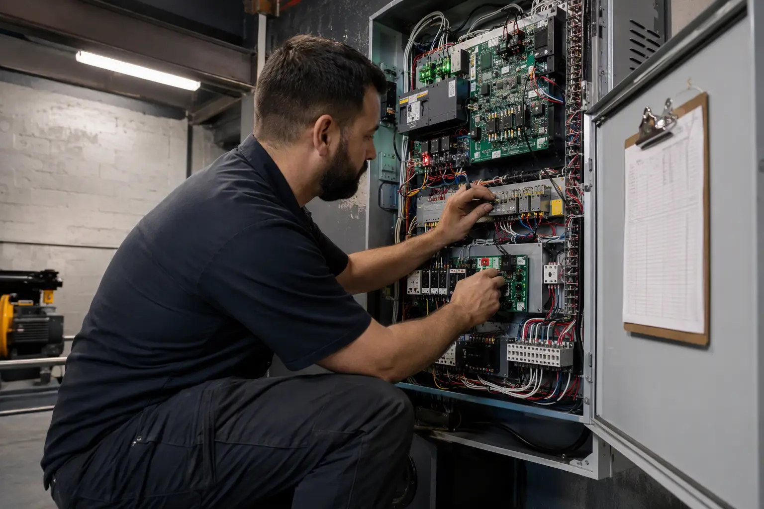 Elevator technician inspecting modernized solid-state controller in Houston TX machine room, demonstrating ASME A17.1 code compliance to reduce liability exposure