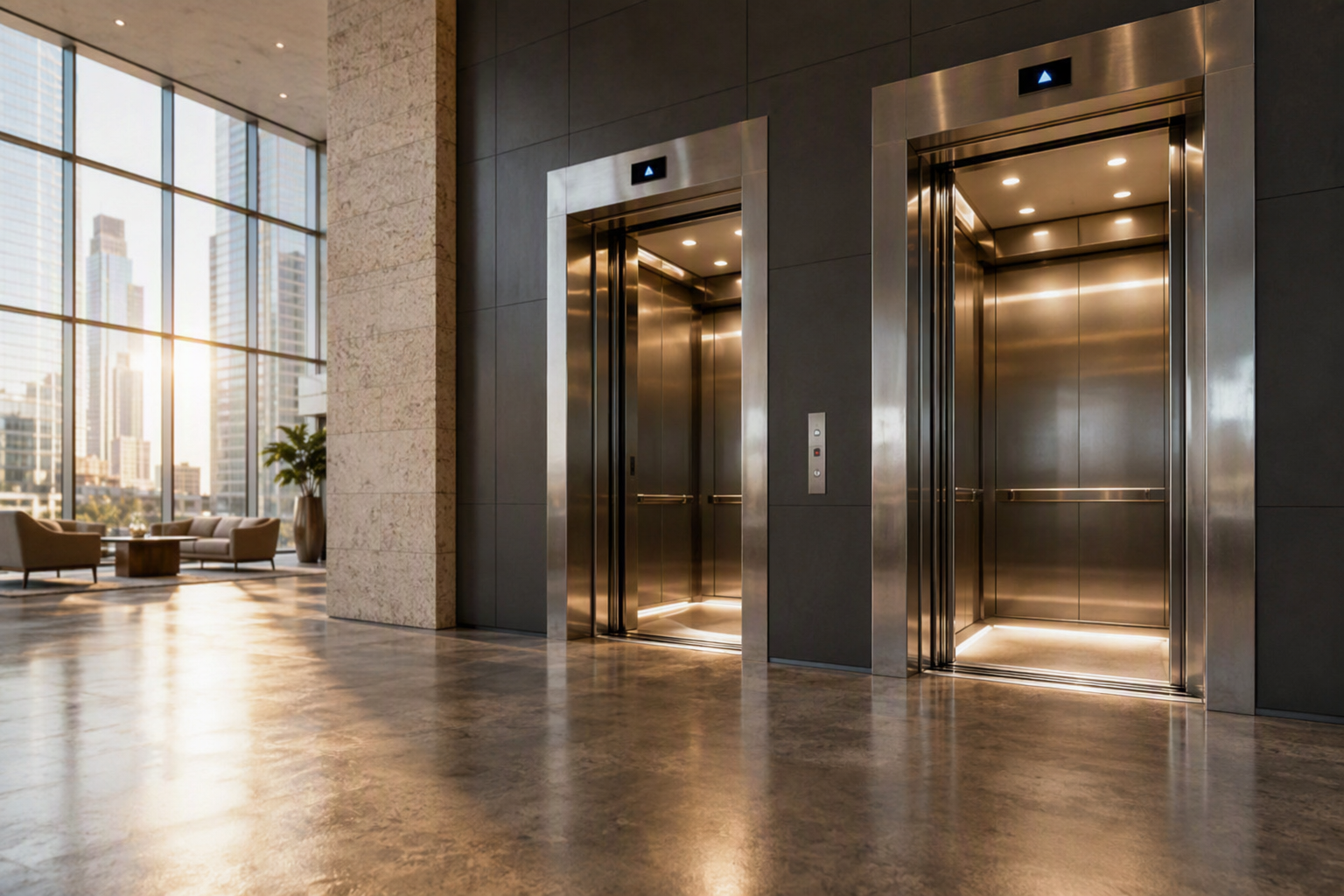 Modernized elevator bank in Houston TX commercial office building lobby showing new stainless steel cab interiors and LED indicators after elevator modernization project