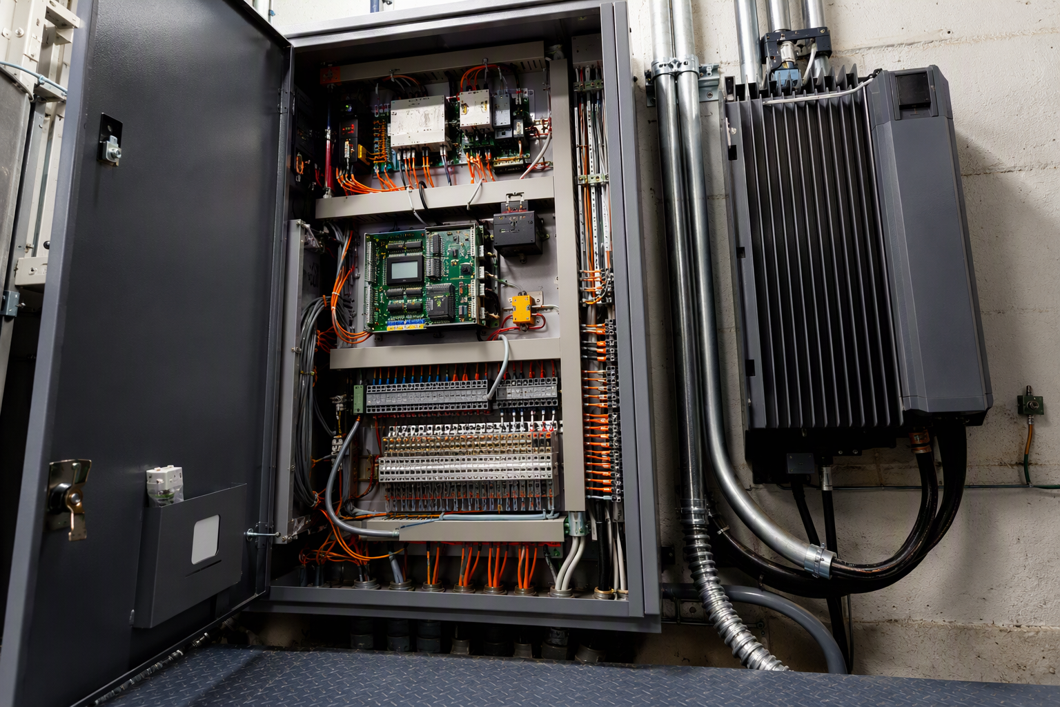 Elevator Machine Room Controller and VVVF Drive Upgrade Open elevator controller cabinet and VVVF drive unit inside a Houston mid-rise building machine room during a 2026 modernization project
