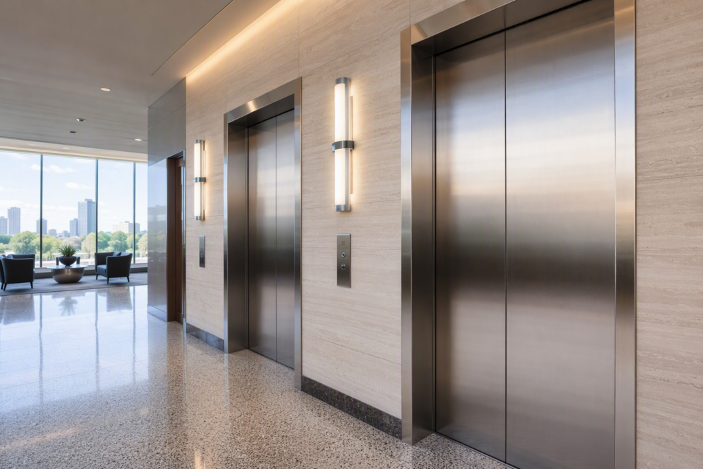 Modernized elevator bank in a mid-rise Houston TX office building lobby showing new stainless-steel cab doors, LED hall lanterns, and updated call fixtures