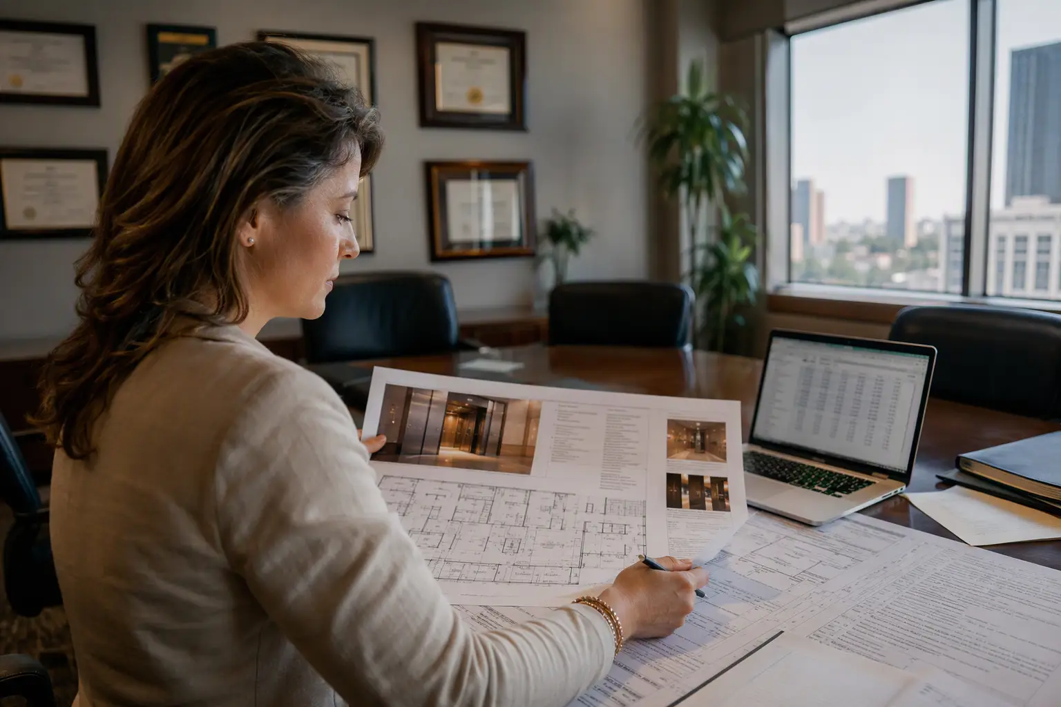 Building Manager Reviewing Elevator Modernization Bids and Cost Factors Houston building manager reviewing elevator modernization cost proposals and floor plans at a conference table to evaluate 2026 upgrade bids