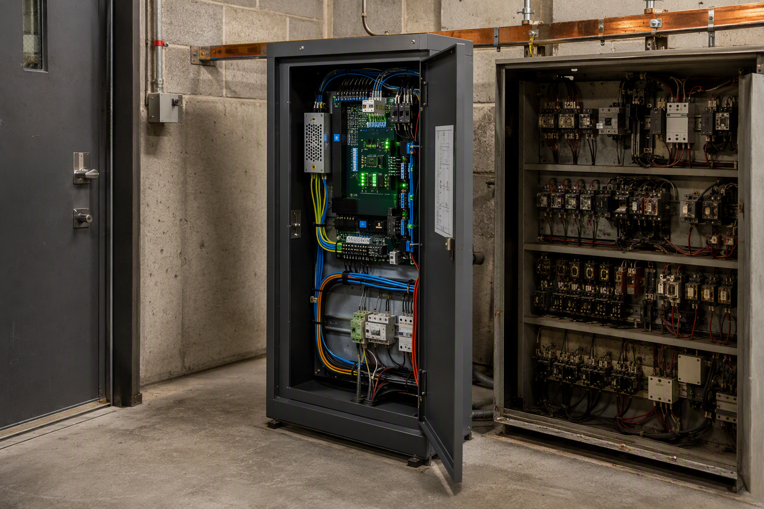 Dallas elevator machine room showing a newly installed digital controller cabinet next to a legacy relay-logic panel, illustrating a key cost factor in elevator modernization projects