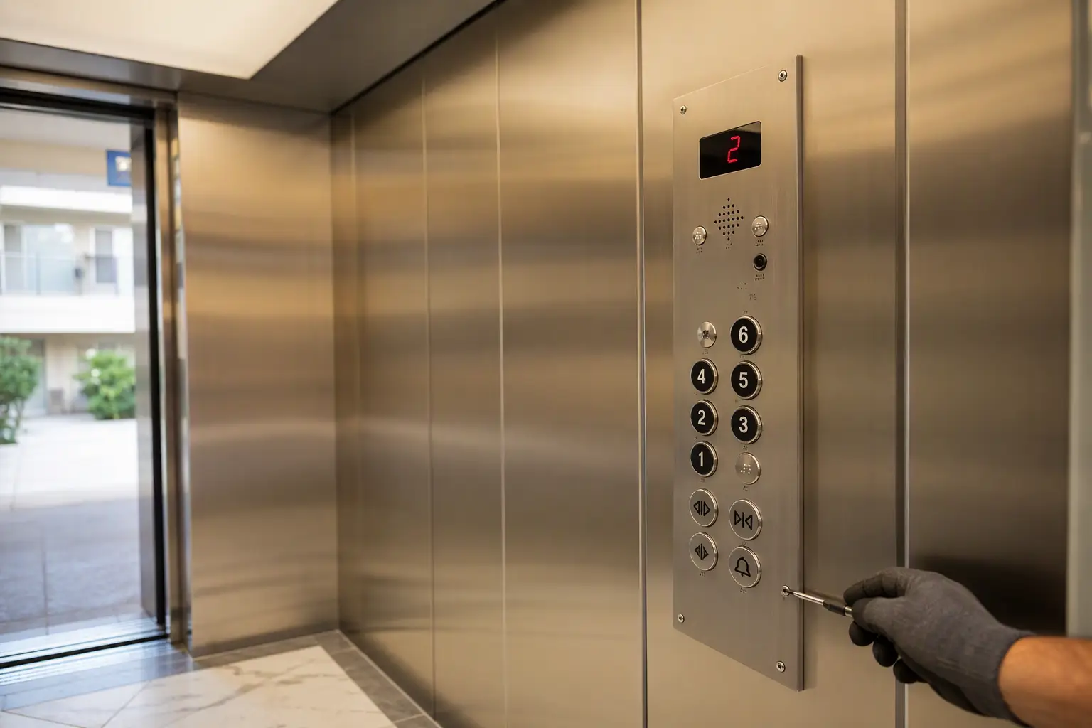 Newly modernized elevator cab interior in Los Angeles showing ADA-compliant operating panel, brushed-stainless walls, LED ceiling, and porcelain floor — key finish components affecting modernization c