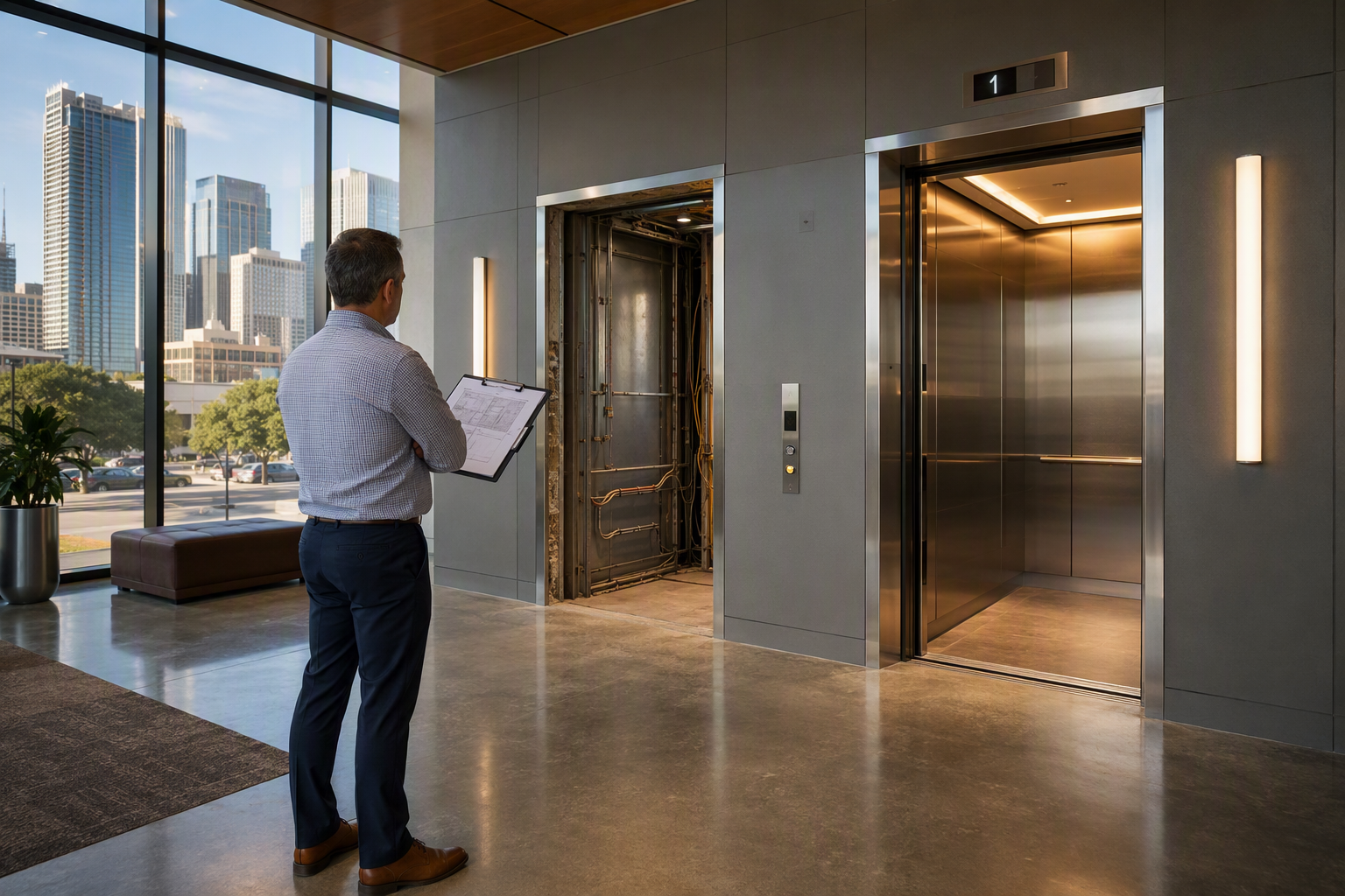 Commercial building lobby in Houston showing two elevator cabs side by side — one stripped for modernization and one newly completed with brushed-stainless interior and LED lighting