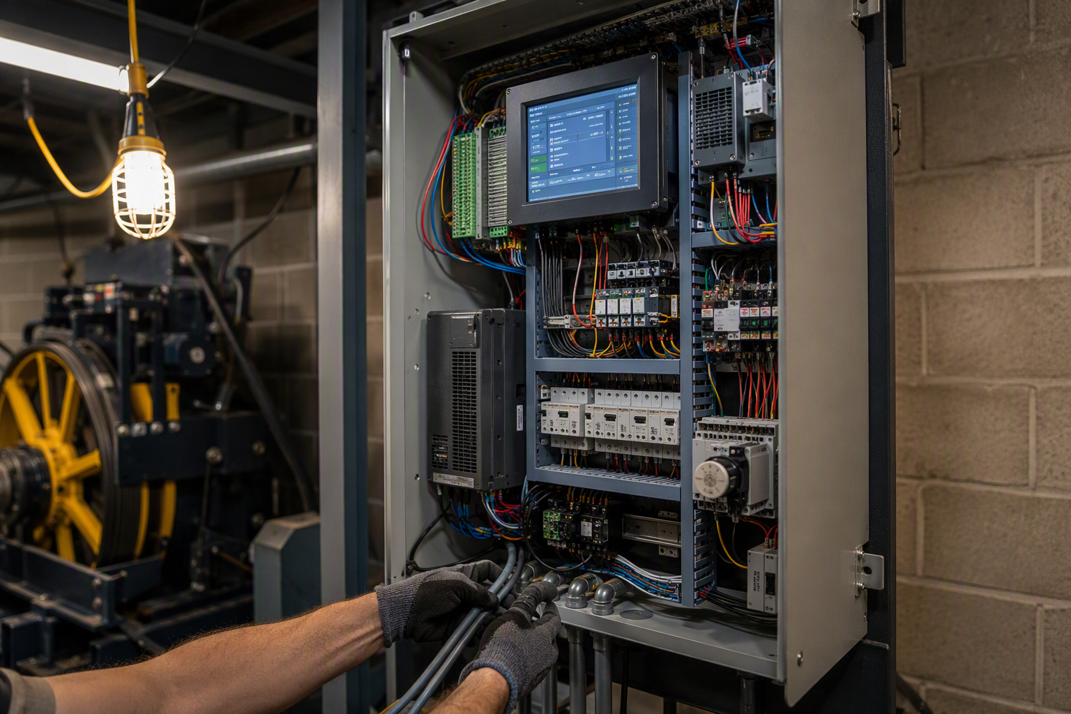 Newly installed elevator controller cabinet with color-coded wiring inside a Dallas TX machine room during an elevator modernization project covering controls and drive replacement.