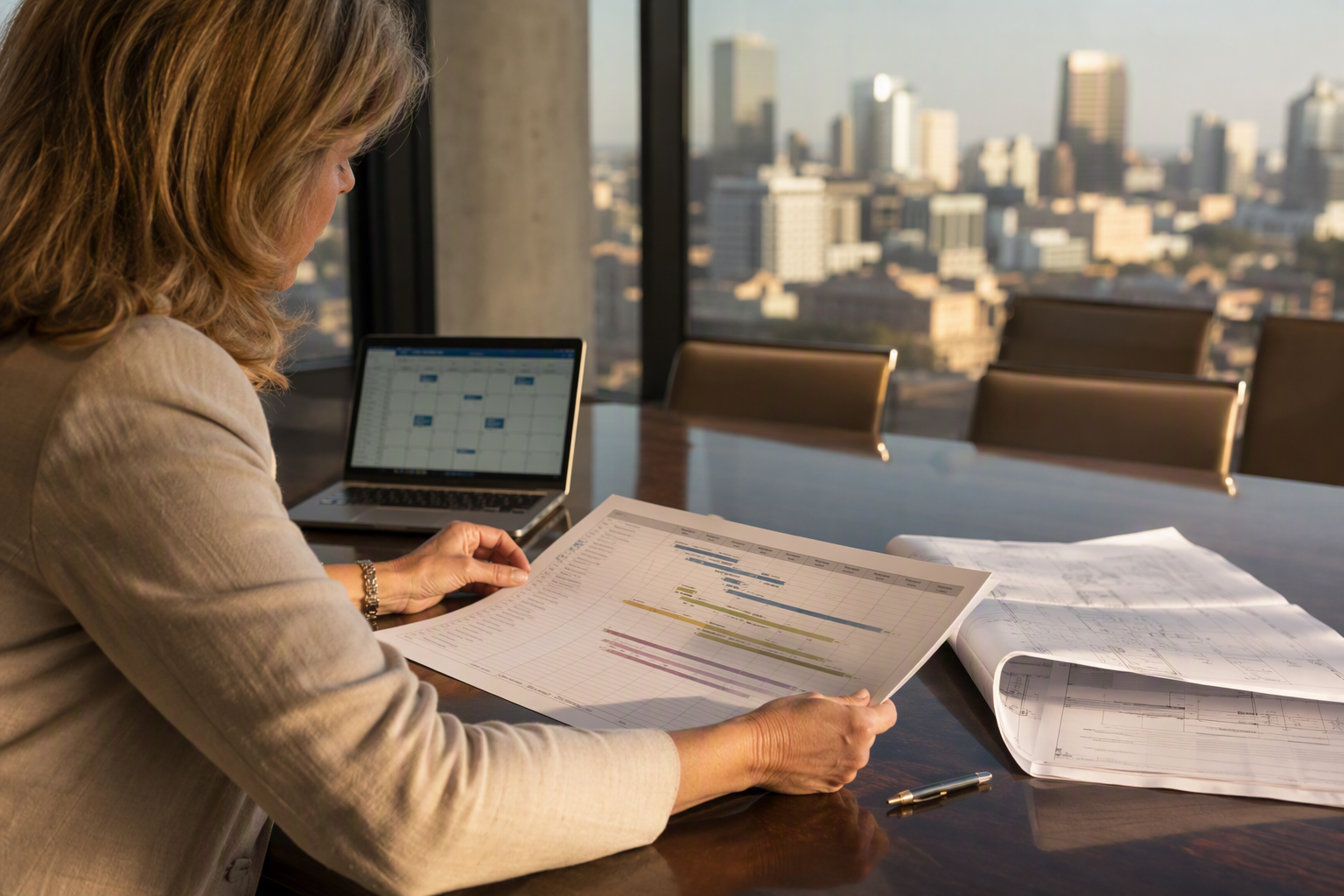 Building property manager in Austin TX reviewing an elevator modernization project timeline schedule, planning phases from permit application through final inspection to minimize tenant downtime.