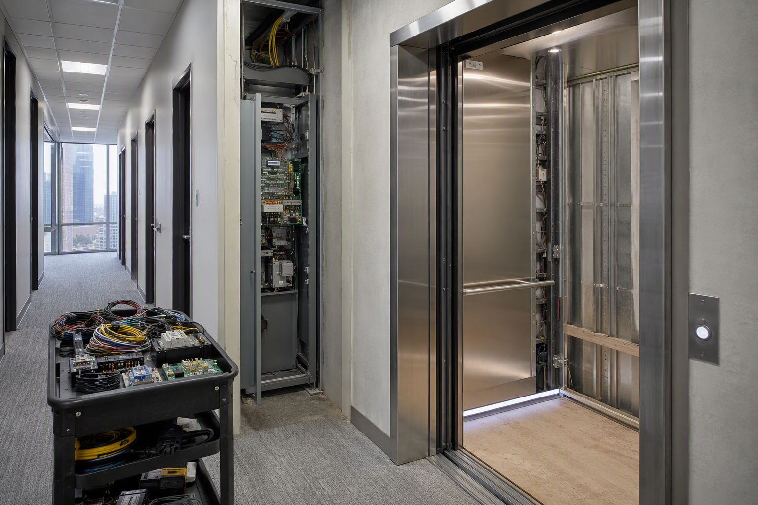 Elevator modernization in progress in a Houston TX commercial building showing stripped cab walls beside new stainless steel panels, illustrating the full project timeline from start to finish.