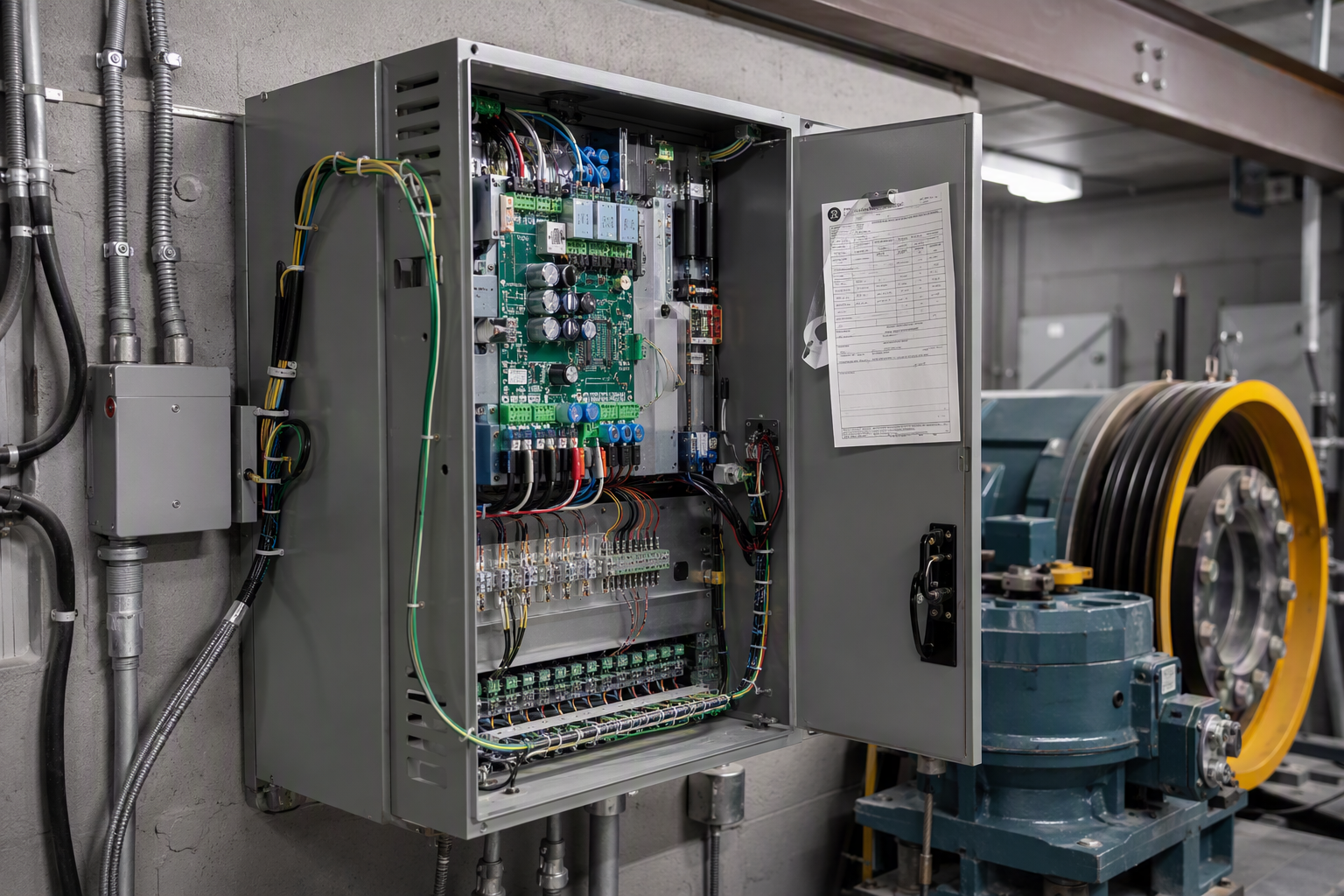 New elevator controller cabinet installed in a Dallas high-rise machine room during a full modernization, with permit inspection tag — a key milestone affecting total project timeline.