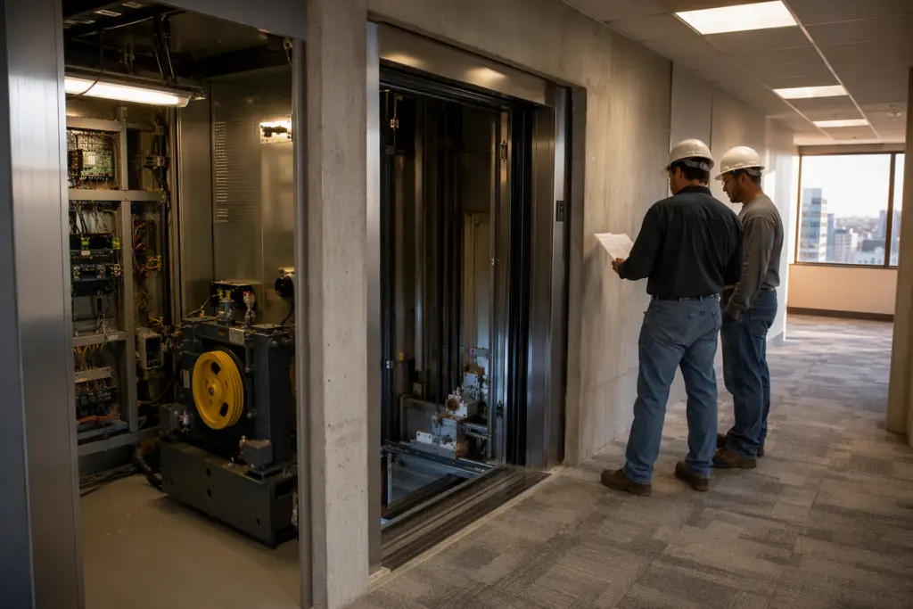 Elevator modernization project underway in a Houston commercial office building, showing an open hoistway and new controller cabinet during the out-of-service installation phase.