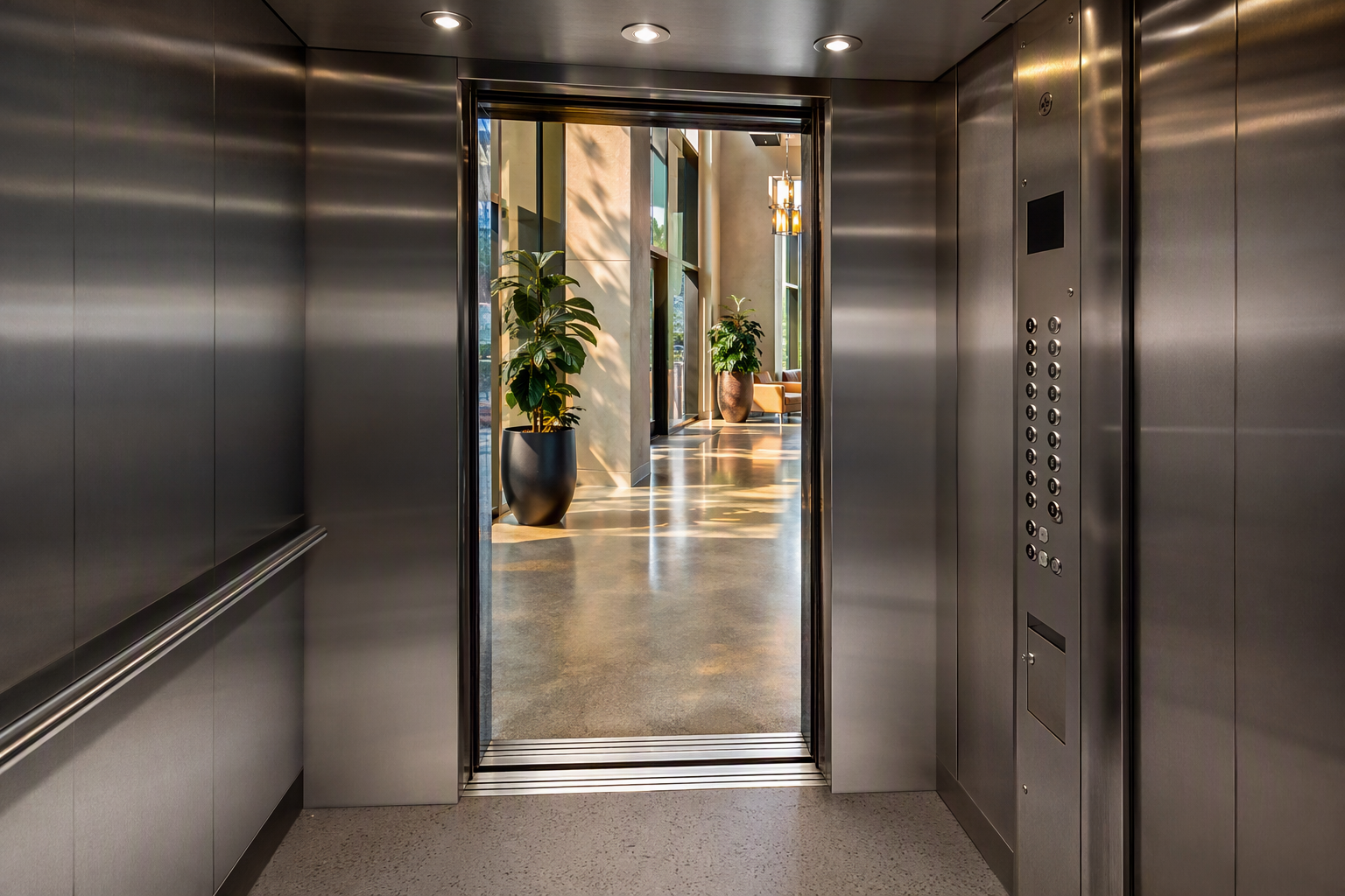 Modernized elevator cab with new stainless steel panels and LED fixtures in a San Antonio mid-rise lobby, back in service after the out-of-service installation phase.