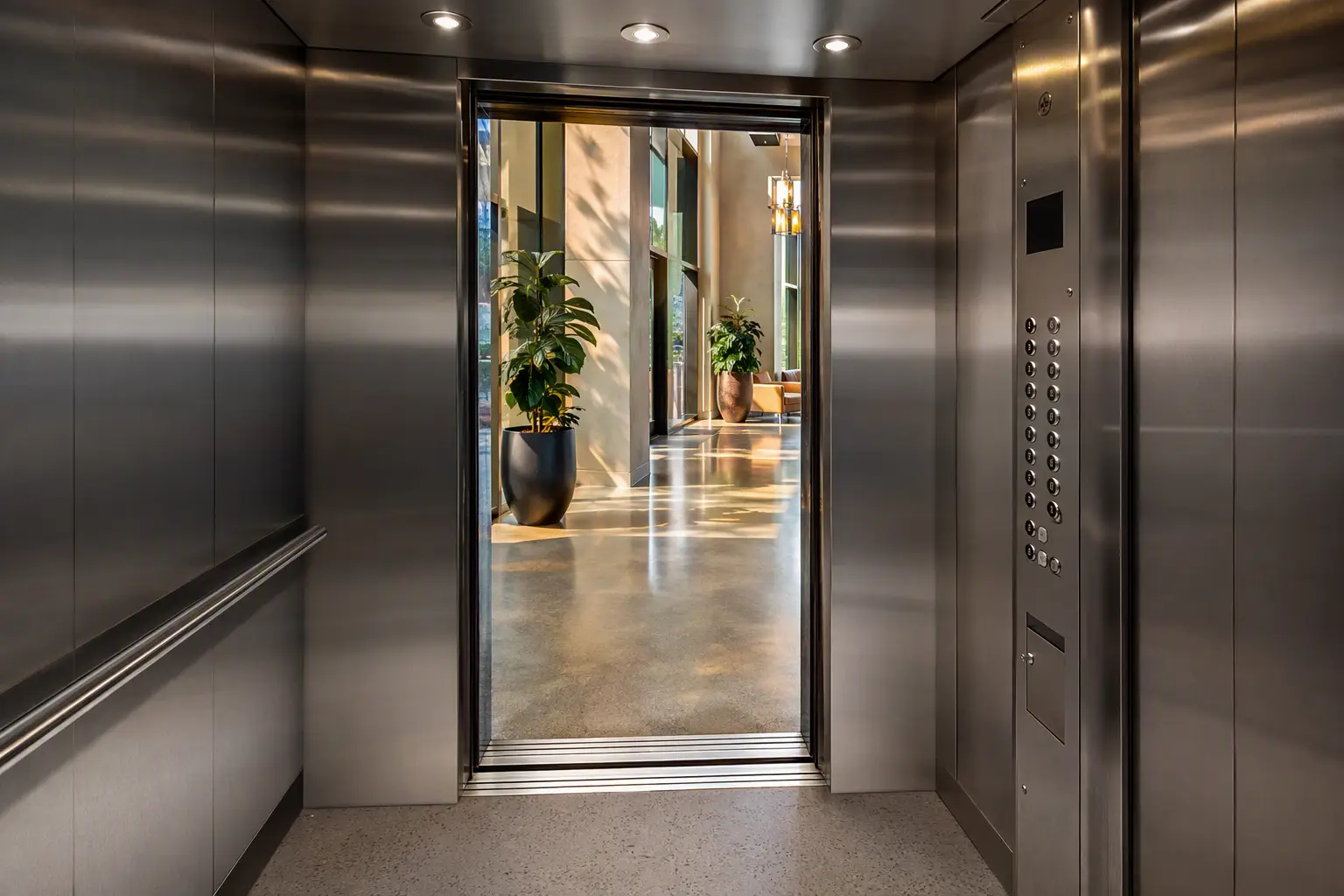 Modernized elevator cab with new stainless steel panels and LED fixtures in a San Antonio mid-rise lobby, back in service after the out-of-service installation phase.