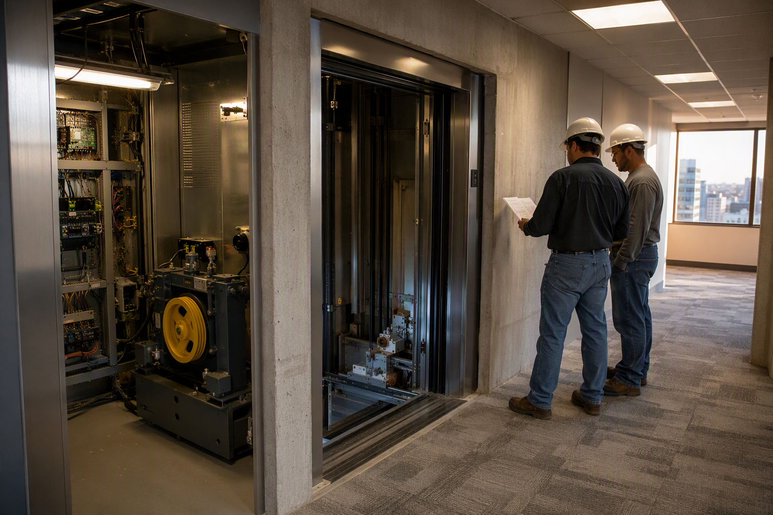 Elevator modernization project underway in a Houston commercial office building, showing an open hoistway and new controller cabinet during the out-of-service installation phase.