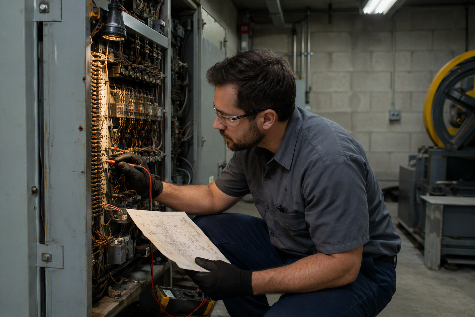 Elevator technician inspecting an obsolete relay-logic control panel in a commercial machine room, a key warning sign that elevator modernization may be needed rather than a major repair.