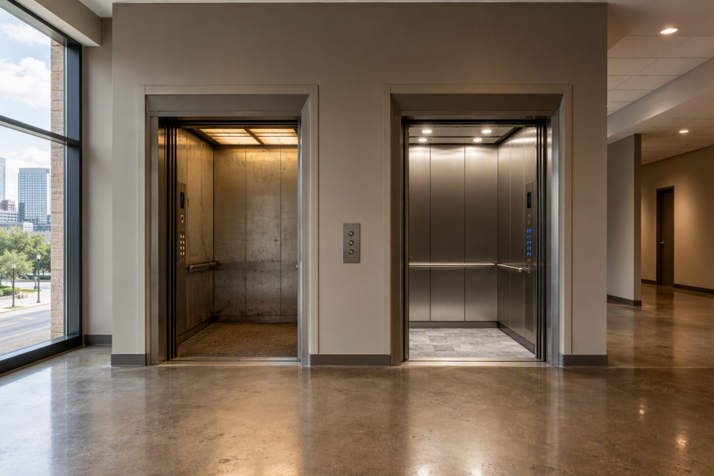 Side-by-side comparison of an aging elevator cab and a modernized elevator cab in a Houston office building, illustrating the decision between elevator modernization vs. major repair.