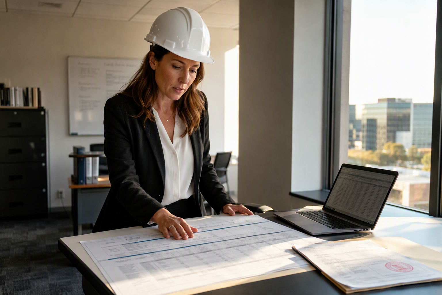 Building facilities manager reviewing elevator repair cost comparison documents and inspection reports to decide between elevator modernization and major repair for a Dallas commercial property.