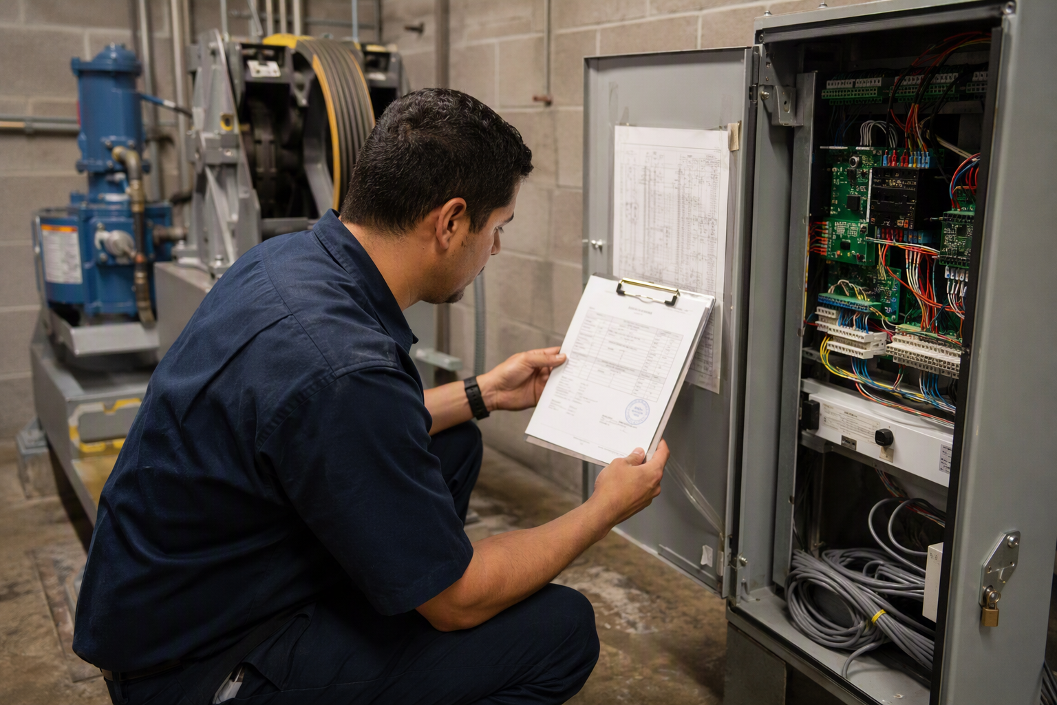 Licensed elevator technician reviewing TDI permit documentation inside a Dallas or Houston commercial building machine room before modernization work begins.