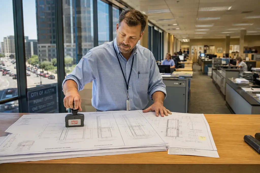 Building official reviewing elevator construction drawings at a Texas permit office counter, representing the TDI elevator permit approval process in Dallas and Houston TX.