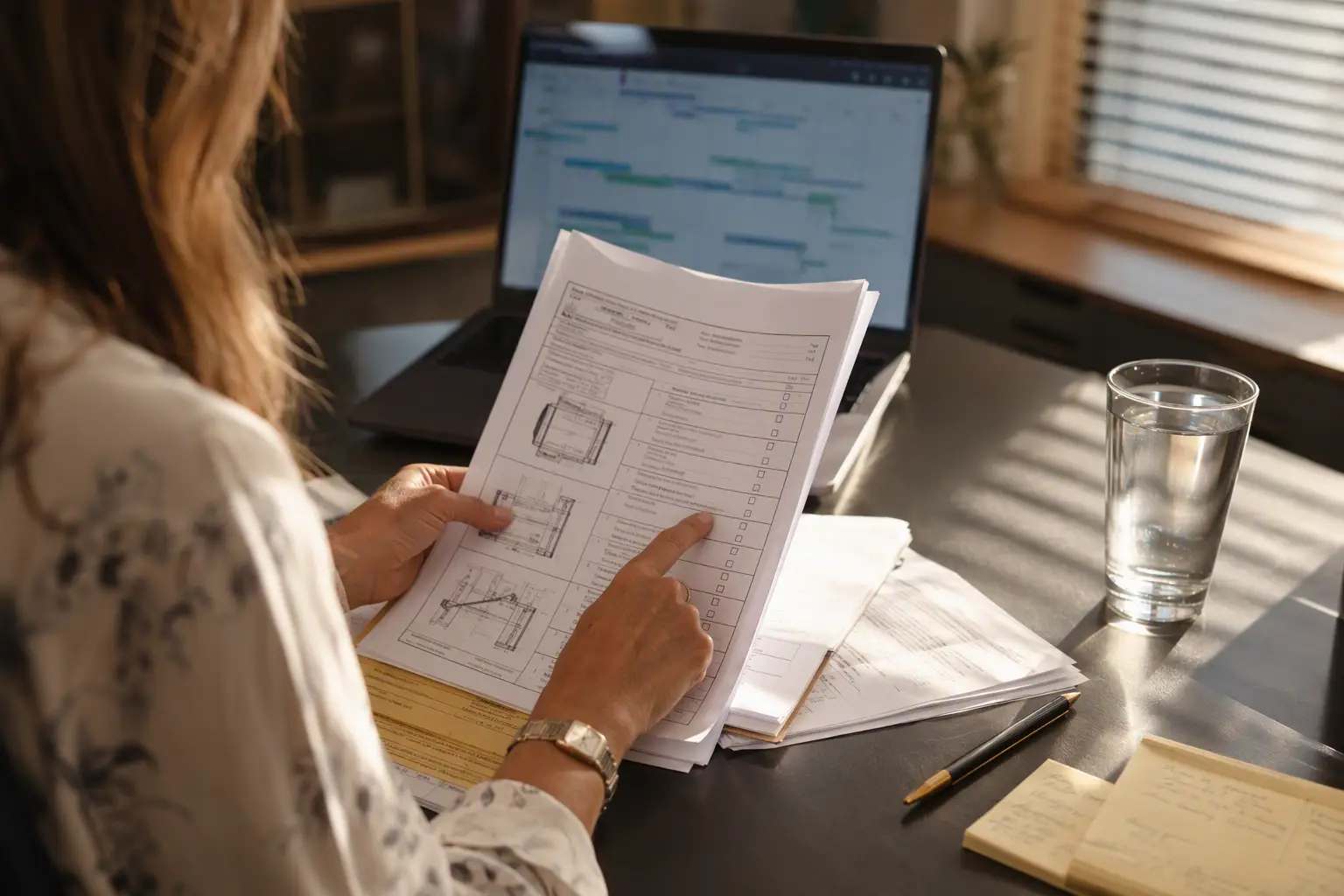 Property manager reviewing a Texas elevator permit application checklist in a Houston commercial office, planning timeline for elevator modernization permit approval.