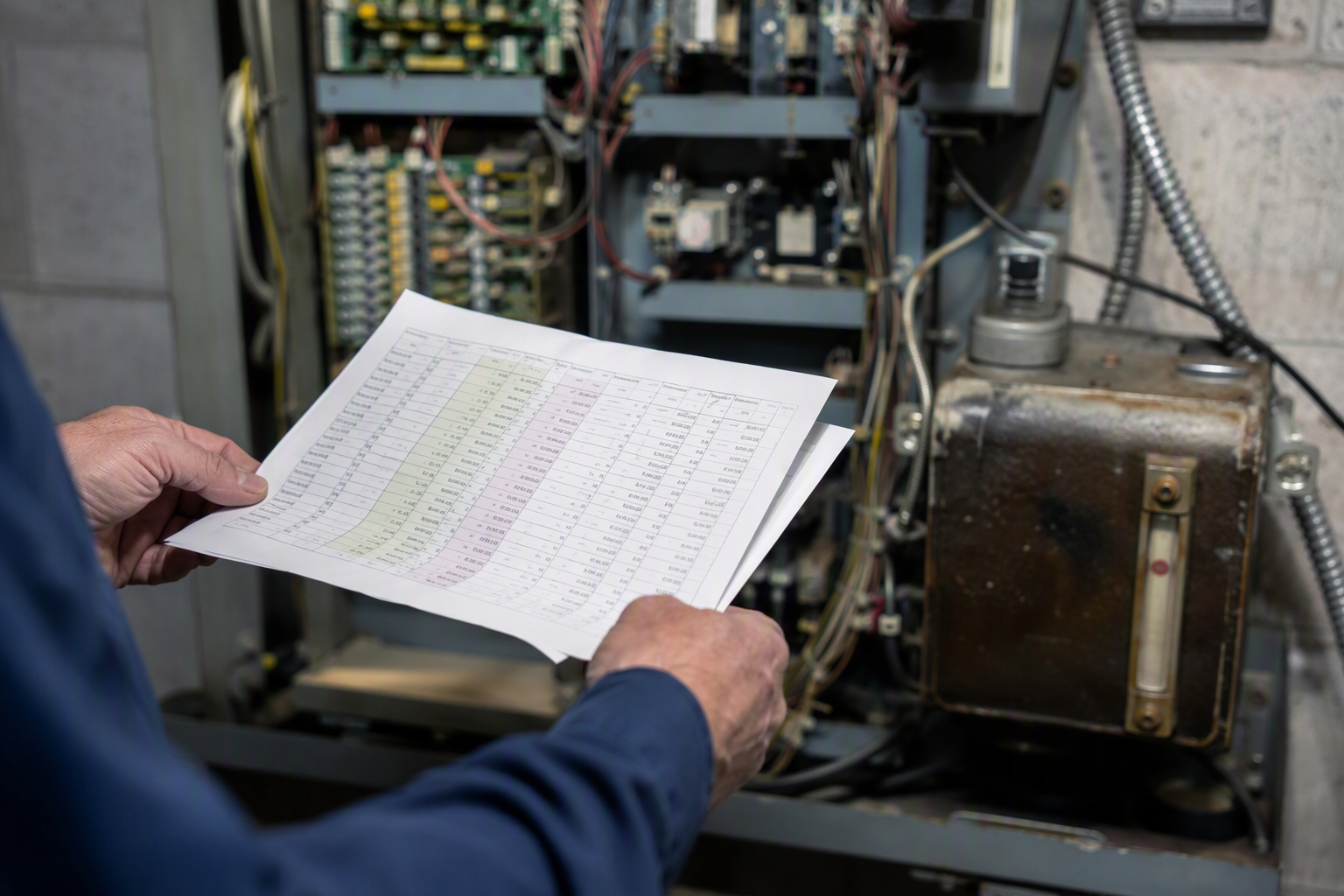 Facility manager reviewing elevator repair versus preventive maintenance cost spreadsheet in a commercial building machine room with aging controller equipment