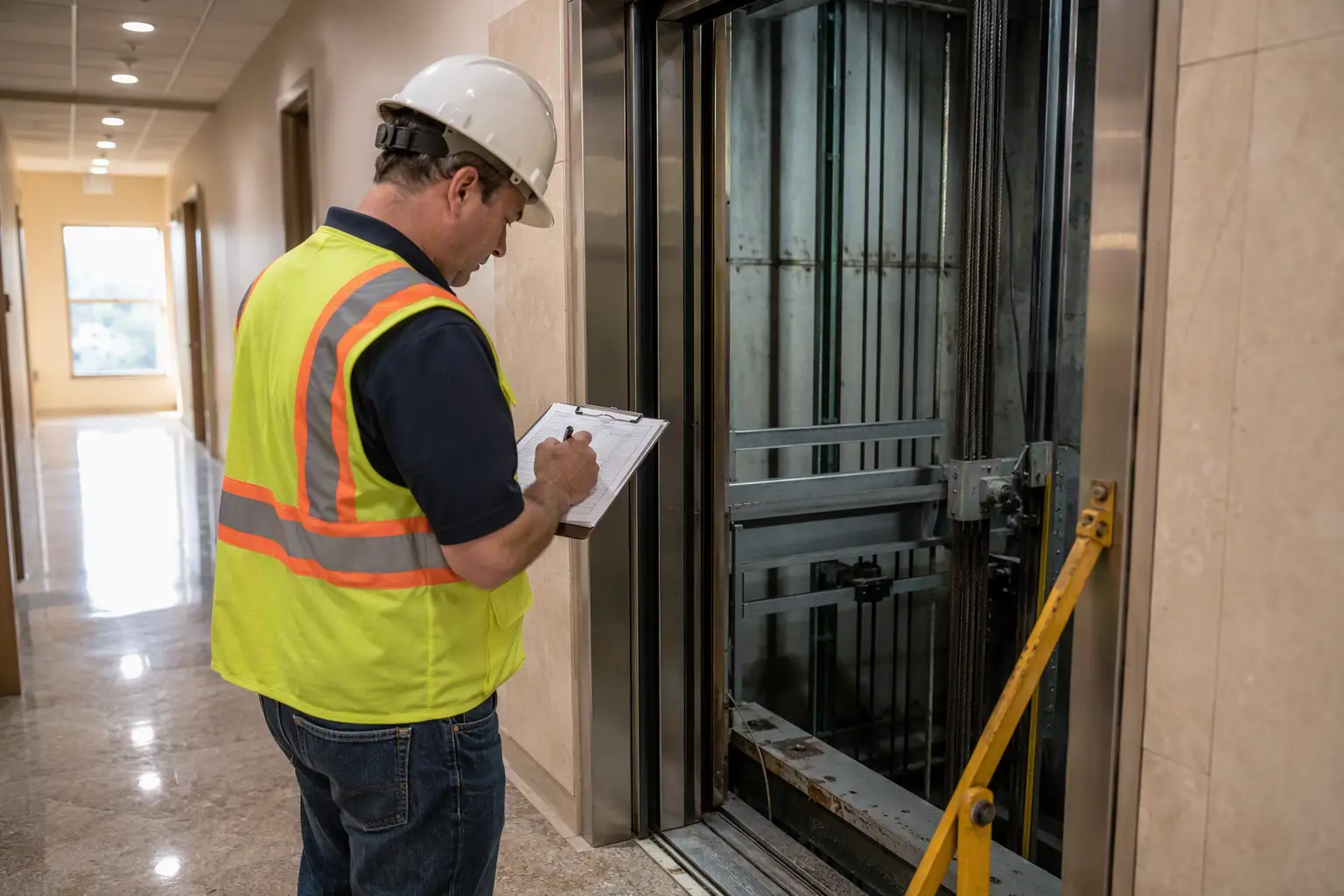 Elevator inspector completing compliance inspection form beside open hoistway in Texas commercial building, illustrating code obligations affecting repair versus maintenance decisions